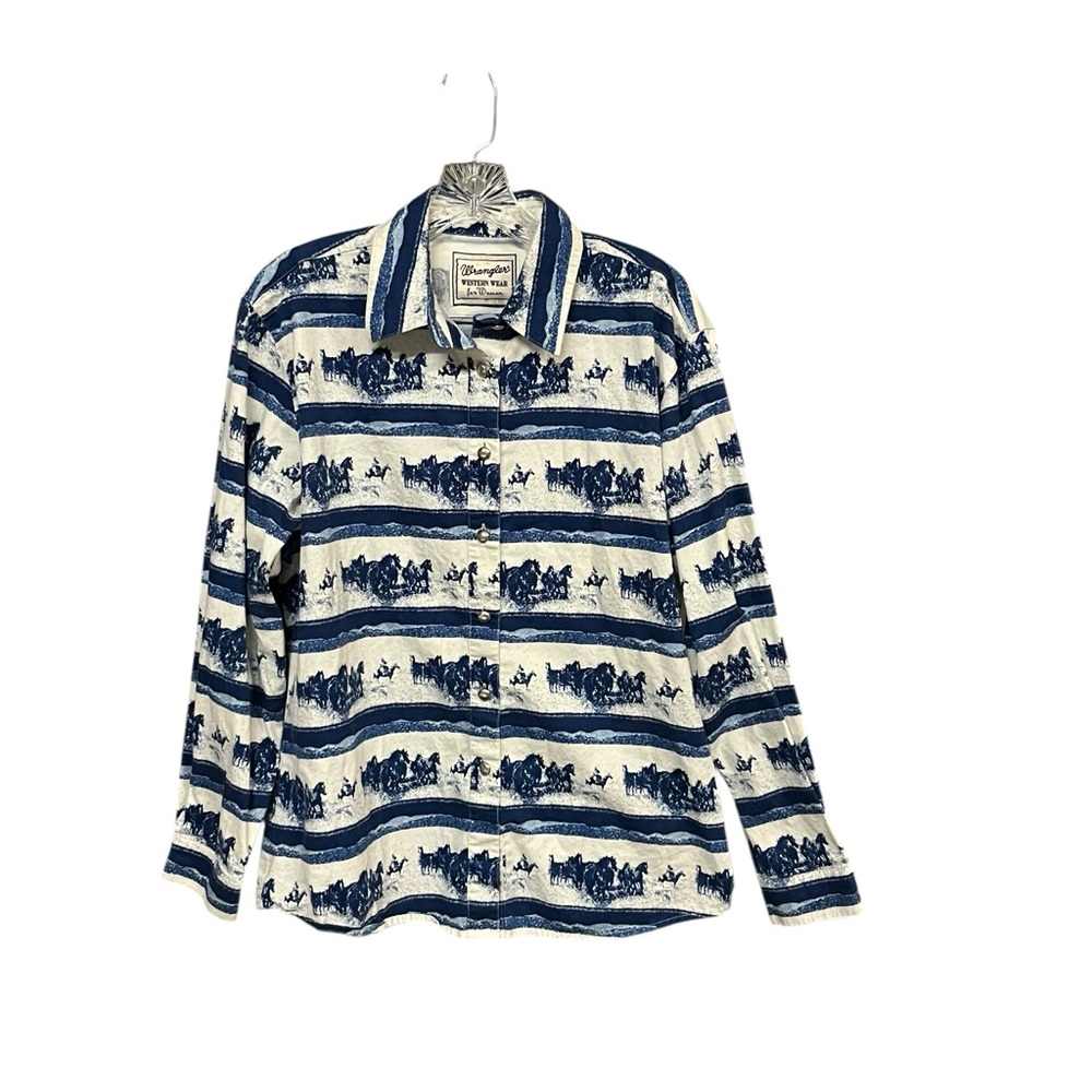 Wrangler western wear for women shirt L blue white wild horse print button